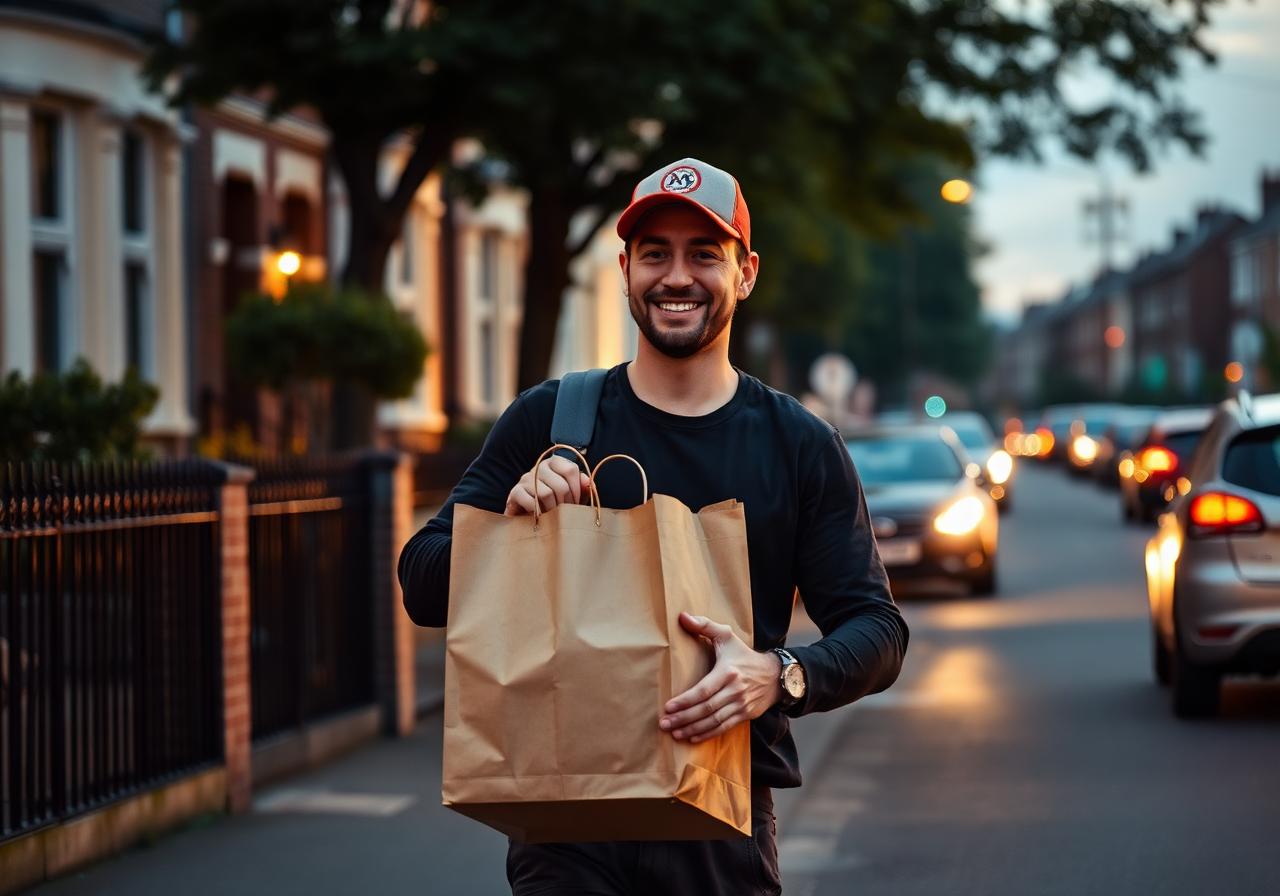 Delivery driver from Premier Pinhoe carrying a paper grocery bag